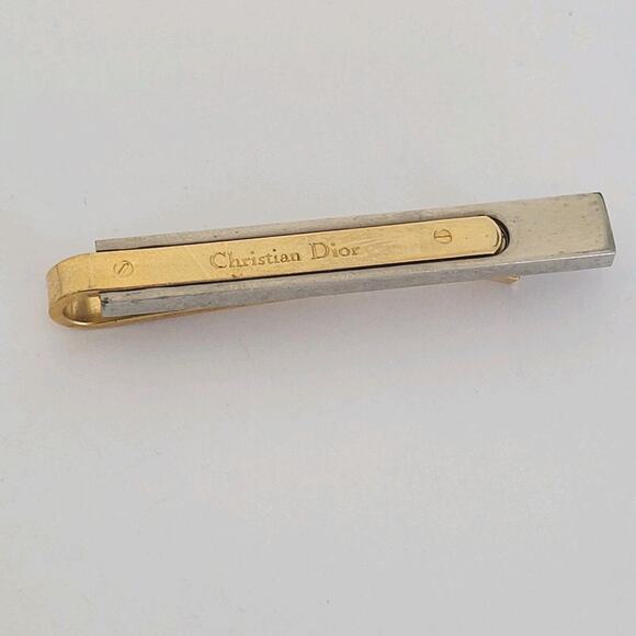 Christian Dior Tie Bar Clip Clasp Gold Silver Tone Logo Vintage Designer - Picture 1 of 7